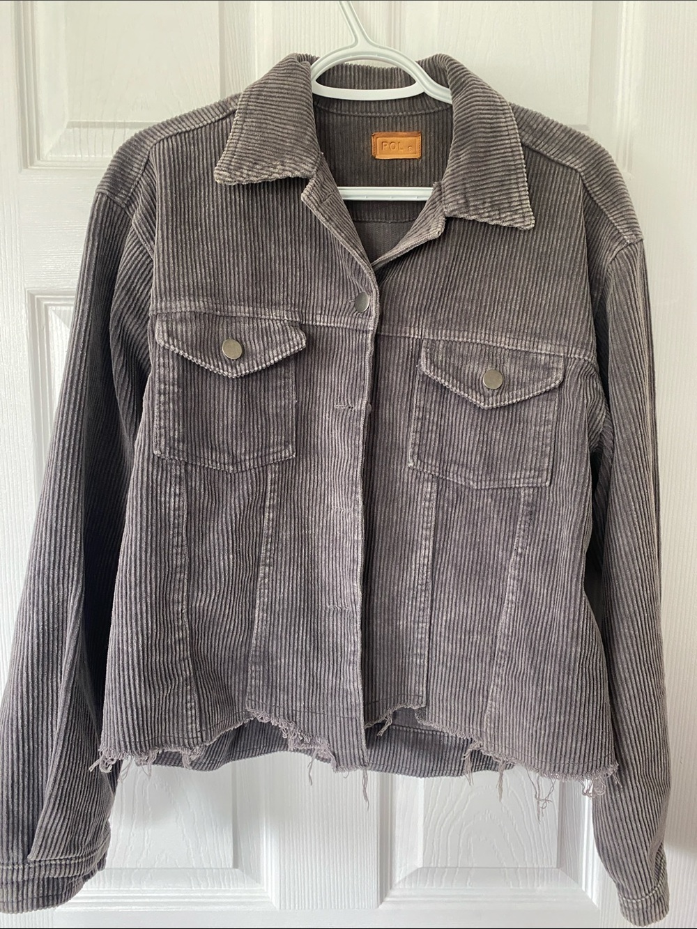 POL Corduroy Button-Up Jacket in Taupe Gray